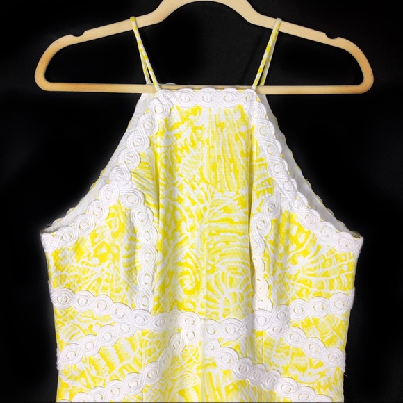 SOLD-Lilly Pulitzer Pearl Stretch Shift Dress Yellow White Mini - Picture 5 of 12